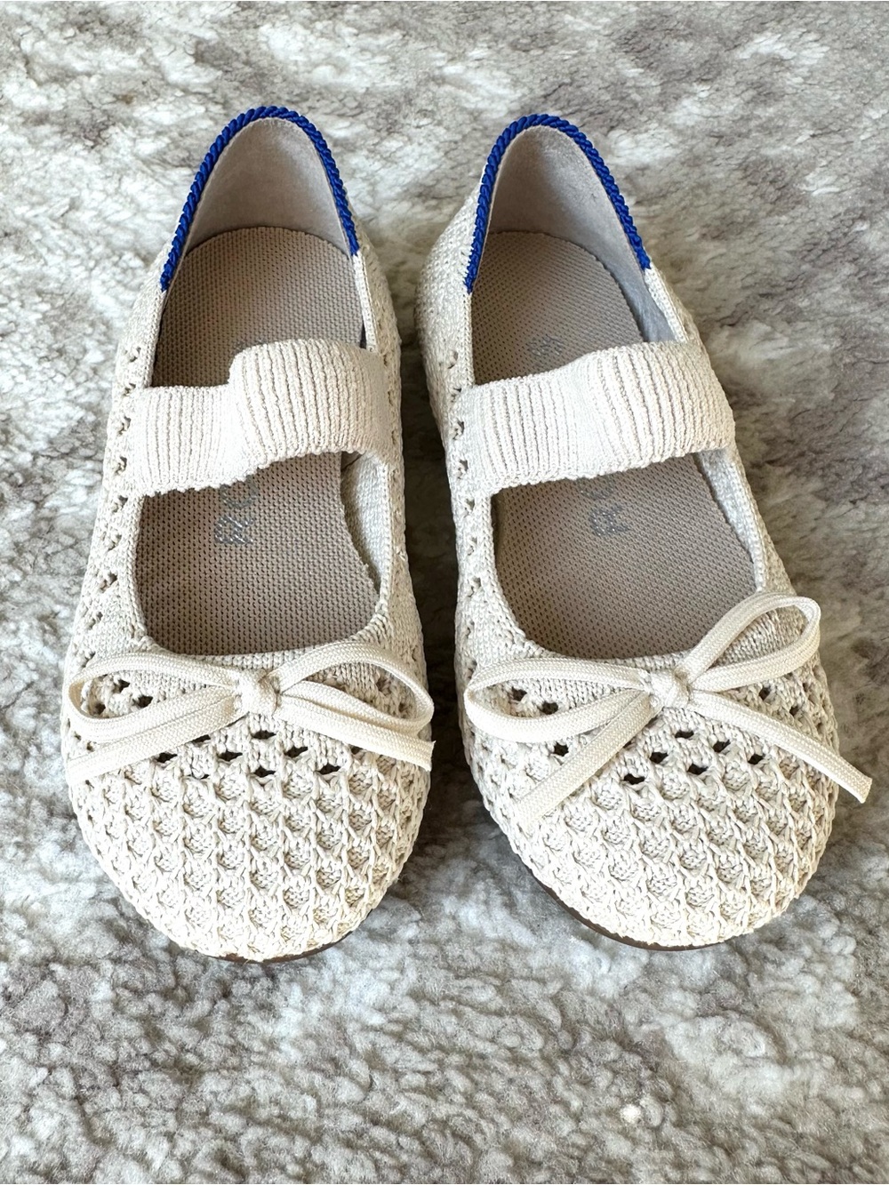 Rothy's Kids Cream Crochet Mary Jane Flats with Blue Trim